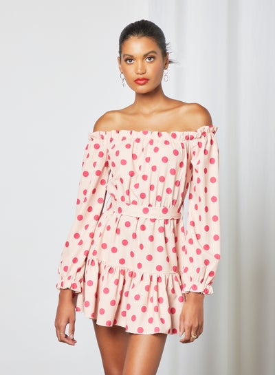 Buy Polka Dot Off-Shoulder Dress Pink in Saudi Arabia