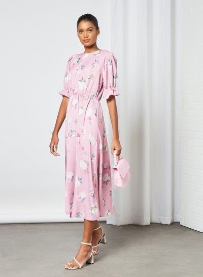 Buy Flower Print Midi Dress Pink in UAE