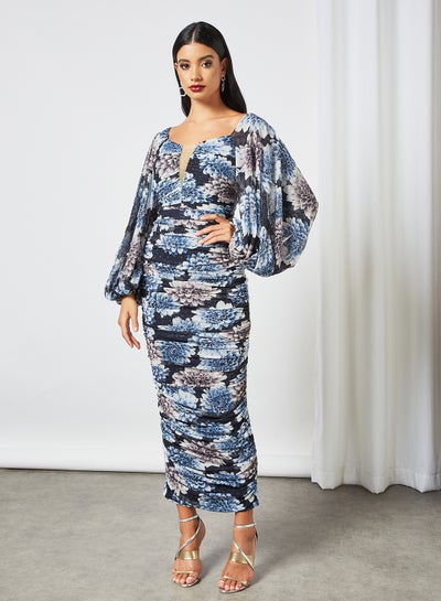 Buy Floral Printed Draped Bardot Dress With Belt Multicolour in UAE