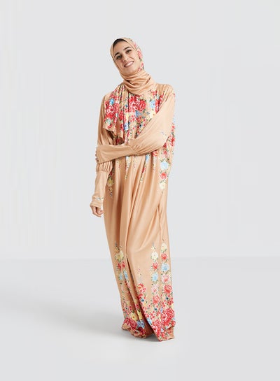 اشتري Floral Printed Isdal With Hijab Brown/Pink/Blue في مصر