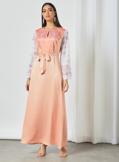 Buy Lace Panel Tie-Waist Dress Peach/Pink in Saudi Arabia