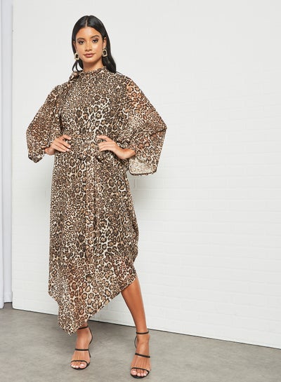 Buy Stylish Midi Dress Brown/Beige Printed in UAE