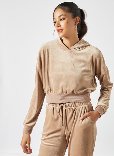 Buy Long Sleeve Cropped Hoodie Light Brown in UAE