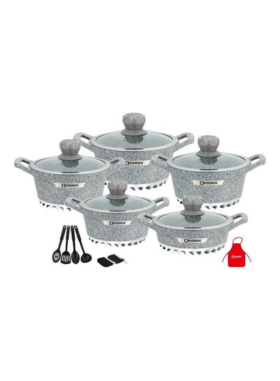 اشتري 17-Pieces Granite Cookware Set Includes Casserole With Lid 24cm, Casserole With Lid 28cm, Casserole With Lid 32cm, Casserole With Lid 28cm, Shallow Casserole 7xCooking Tools شفاف/رمادي 32سم في الامارات