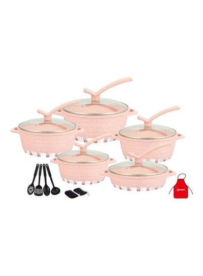 Buy 17-Pieces Granite Cookware Set Includes Casserole With Lid 24cm, Casserole With Lid 28cm, Casserole With Lid 32cm, Casserole With Lid 28cm, Shallow Casserole 7xCooking Tools Pink/Clear 32cm in UAE