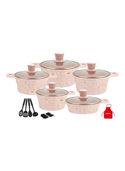 Buy 17-Pieces Granite Cookware Set Includes Casserole With Lid 24cm, Casserole With Lid 28cm, Casserole With Lid 32cm, Casserole With Lid 28cm, Shallow Casserole 7xCooking Tools Pink/Clear 32cm in UAE