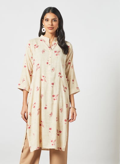 Buy Floral Printed Three Quarter Sleeve Mandarin Neck Modest Kurta Beige/Pink in UAE