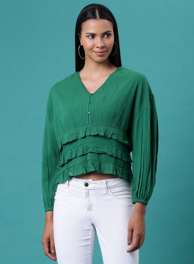 Buy V-Neck Ruffle Detail Top Green in Saudi Arabia