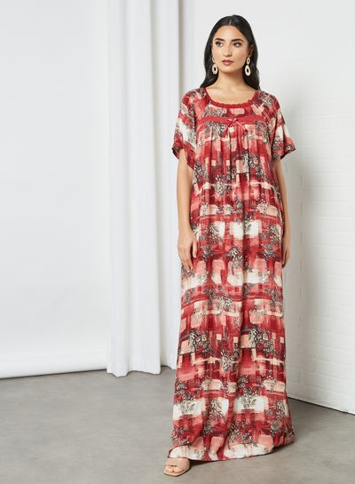 Buy Leaf Printed Short Sleeves Jalabiya Red in Saudi Arabia