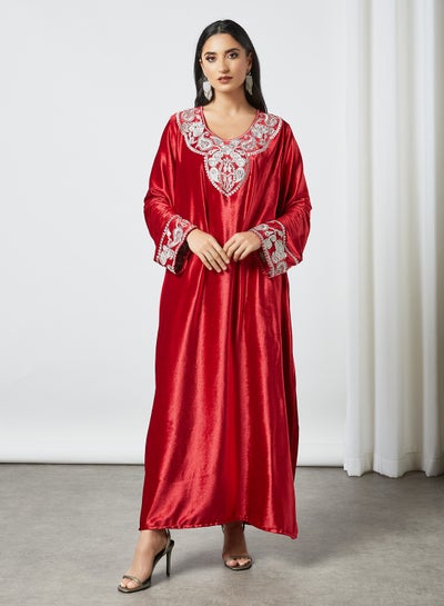Buy V-Neck Embroidered Jalabiya Red in Saudi Arabia