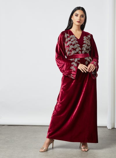 Buy Flower And Petal Embroidery Jalabiya Maroon in Saudi Arabia