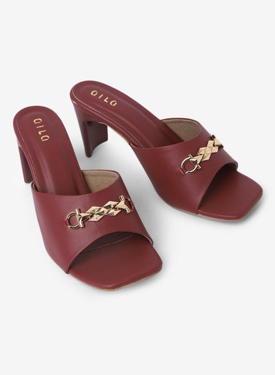 Buy Embellished Broad Strap Heeled Sandals Wine in UAE