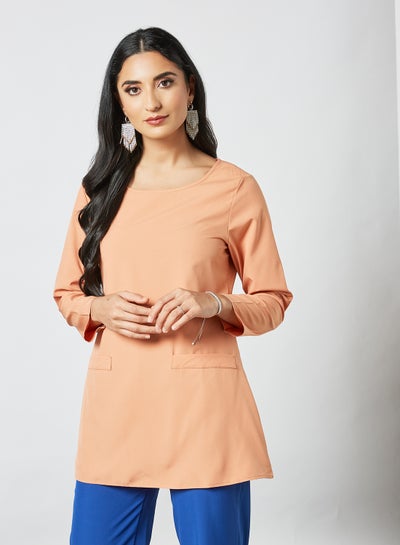 Buy Round Neck Long Sleeves With Side Pockets Modest Top Orange in Saudi Arabia