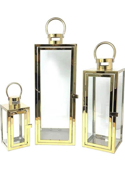 Buy 3-Piece Metal Glass Candle Lantern Set with Holder Gold/Clear 18x18x51cm in UAE