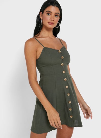 Buy Strappy Button Front Skater Dress Green in UAE