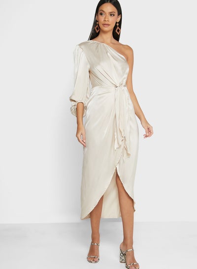 Buy One Shoulder Waist Knot Dress Ivory in Saudi Arabia