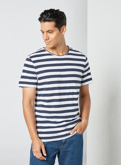 Buy Striped Crew Neck T-Shirt White/Navy in Saudi Arabia