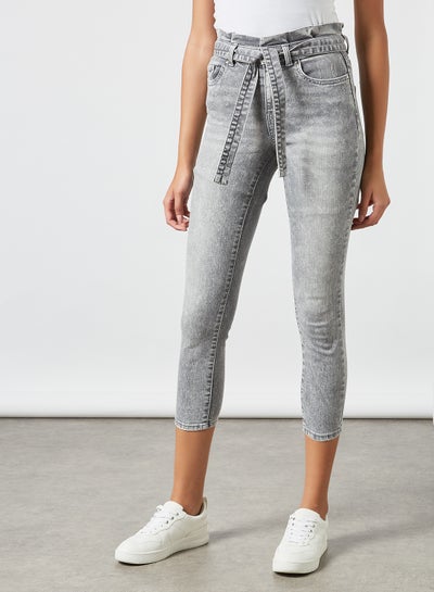 Buy Ankle Grazer Skinny Paperbag Jeans Grey in UAE