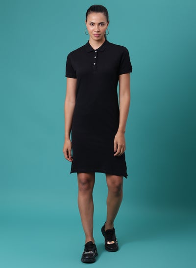 Buy Solid Pattern Mini Polo Dress Jet Black in Saudi Arabia