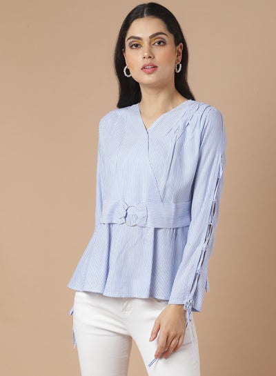 Buy Long Sleeve Pleated Top Sky Blue in Saudi Arabia