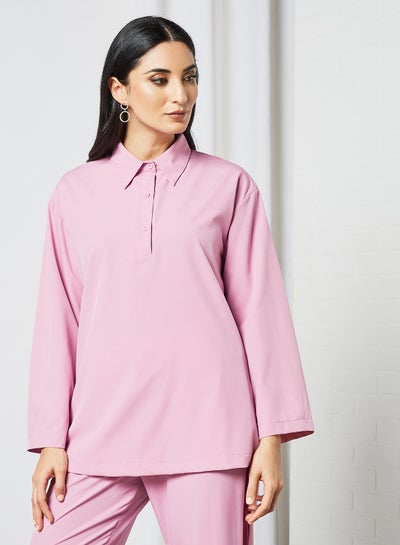 Buy Collared Neckline Button Up Long Sleeves Modest Top Purple in UAE