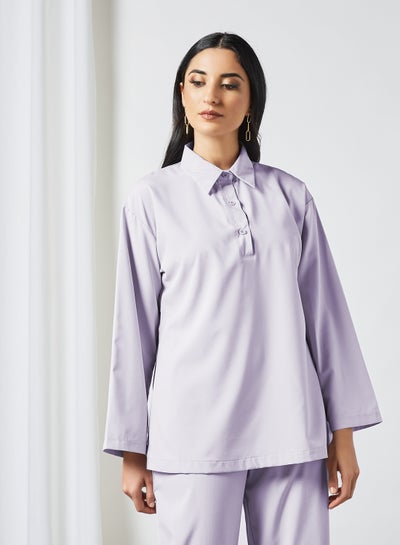 Buy Collared Neckline Button Up Long Sleeves Modest Top Bluish Grey in UAE