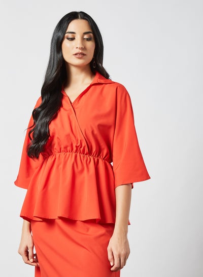 Buy Collared  Neckline Elastic Waist Modest Top Red in Saudi Arabia