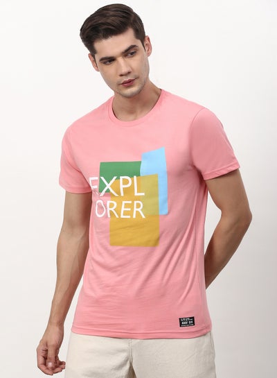 Buy Explorer Printed Regular Fit Crew Neck T-Shirt Dark Peach Pink in Saudi Arabia