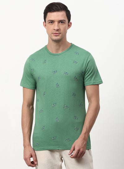 Buy Animal Printed Crew Neck Regular Fit T-Shirt Fern Green in Saudi Arabia