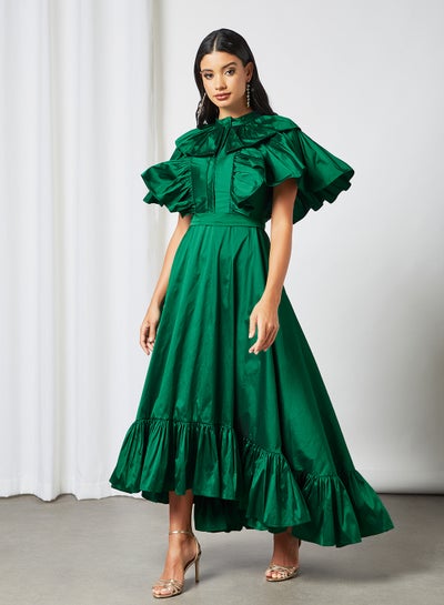 Buy Body Draped Frilled Long Dress Green in UAE