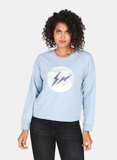 Buy Graphic Printed Crew Neck Regular Fit Crop Sweatshirt Blue Fog in Saudi Arabia