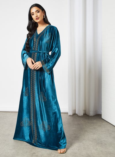 Buy Stone Embellished V-Neck Trendy Modest Jalabiya Blue in UAE