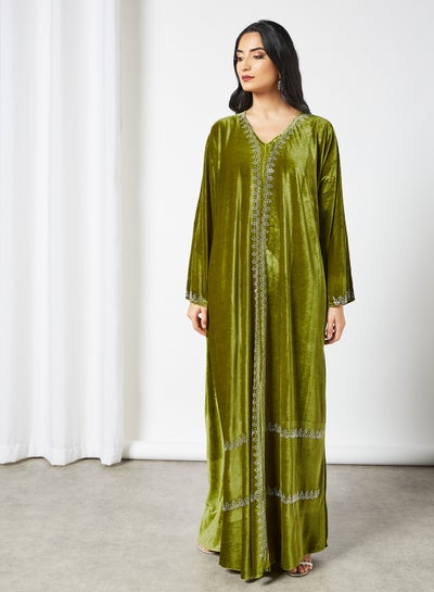 Buy Stone Embellished V-Neck Trendy Modest Jalabiya Green in Saudi Arabia