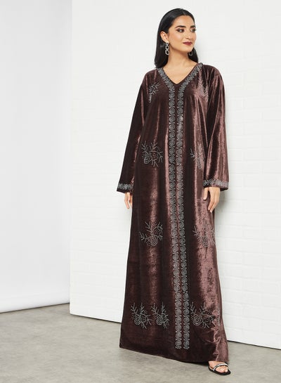 Buy Handcrafted Stones Embellished V-Neck Long Sleeve Jalabiya Brown in Saudi Arabia