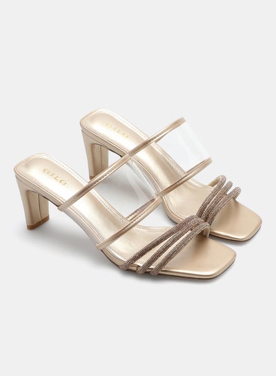 Buy Stone Embellished Strap Heeled Sandals Gold in UAE