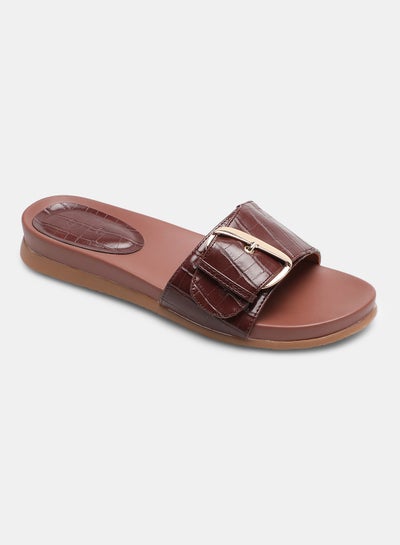 Buy Animal Pattern Buckle Detail Strap Slides Brown in UAE