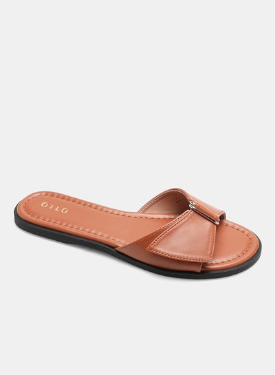 Buy Solid Pattern Criss-Cross Strap Slides Tan in UAE