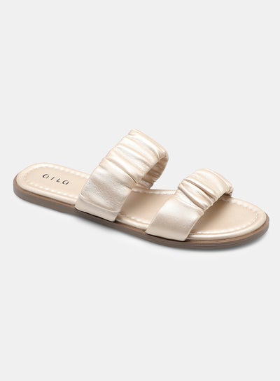 Buy Ruched Double Strap Flat Sandals Gold in UAE