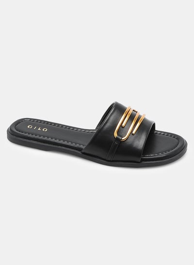 Buy Solid Pattern Buckle Detail Strap Slides Black in UAE