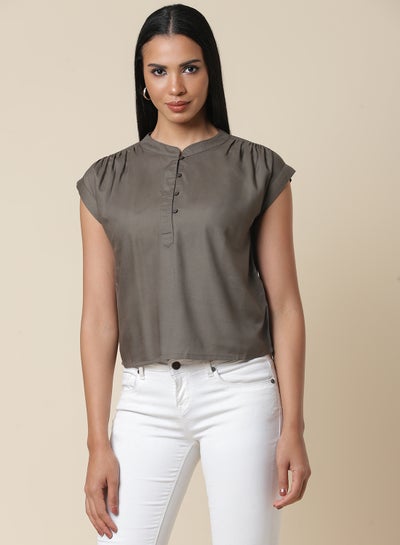 Buy Solid Pattern Mandarin Neck Top Olive in Saudi Arabia