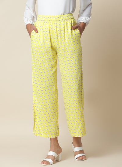 Buy Floral Printed Side Slit Pants Yellow/White/Grey in UAE