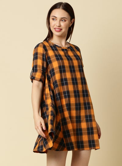 Buy Round Neck Checkered Mini Dress Multicolour in UAE