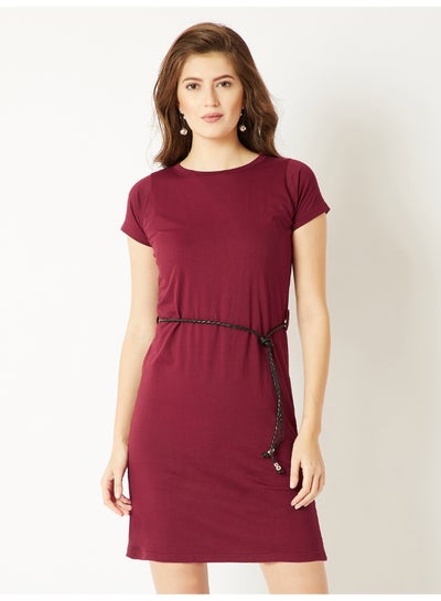 Buy Parting Clouds Belted T-Shirt Dress Maroon/Red in Saudi Arabia