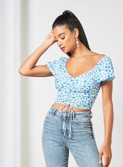 اشتري Ruched Front Cropped Top White/Blue في السعودية