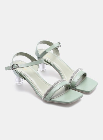 Buy Stone Embellished Strap Heeled Sandals Olive/Silver in UAE