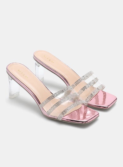 Buy Stone Embellished Strap Heeled Sandals Pink Metallic/Silver in UAE