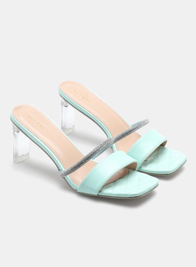Buy Stone Embellished Strap Heeled Sandals Sky Blue/Silver in UAE