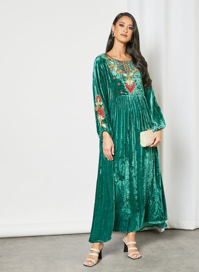 Buy Embroidered Round Neck Trendy Modest Jalabiya Green in Saudi Arabia