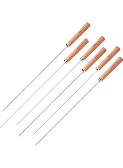 Buy 6-Piece Wood Handle Skewer Set Silver-Brown 50cm in Egypt