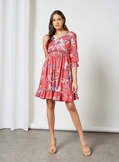 Buy Floral Printed Pleated Mini Dress Red/Blue/White in Saudi Arabia